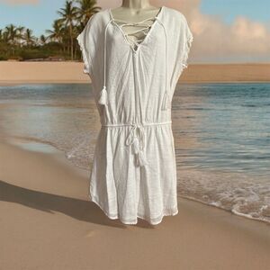 Rip Curl White Cotton Lace-Up V-Neck Pom-Pom Tassel Beach Cover Up Dress
